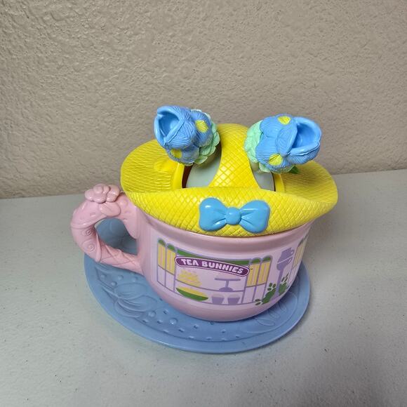 Vintage Tea Bunnies Iris Bouquet The Carrot Cake Bakery Bunny with Hat & Mug - Picture 2 of 9